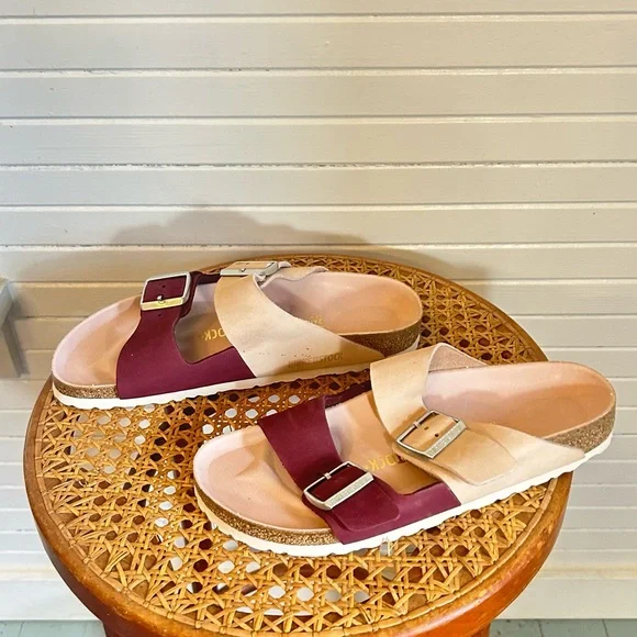 Birkenstock Cream and Burgundy Arizona Sandals - Picture 2 of 6